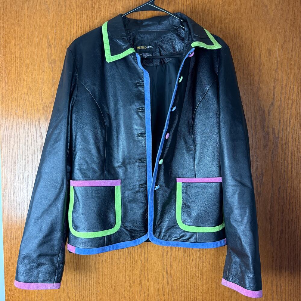 Vintage MetroStyle Black Leather Jacket with Vibrant Trim - Sz 12